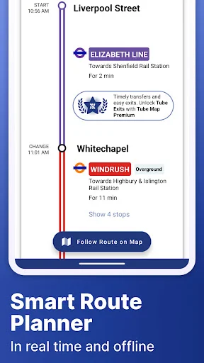 Smart Route Planner displaying journey options from Liverpool Street to Whitechapel with travel times and line transfers