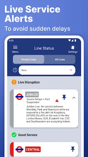 Live Service Alerts showing real-time London Underground line status, disruptions, and service updates for commuters