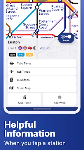 Station details page for Euston with tube times, rail times, bus stops, and helpful transit information options