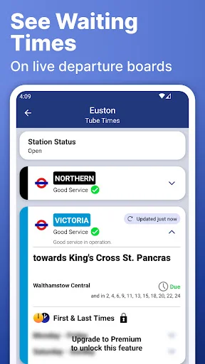 Live waiting times and departure board for Euston station with London Underground line status and service schedules