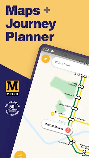 Tyne and Wear Metro journey planner app with interactive metro map showing station stops and colored metro lines