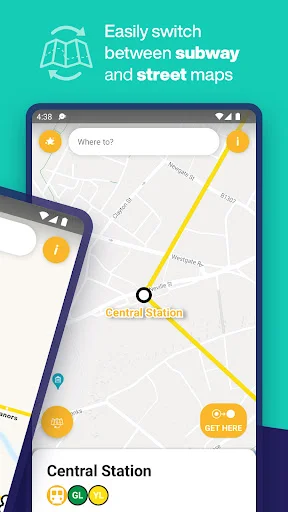 Switch between Tyne Metro subway and street maps with station directions and quick navigation options