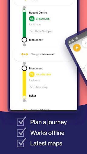 Metro journey route planner showing connections from Regent Centre to Byker with offline functionality and stops