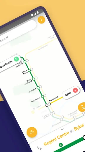 Tyne Metro journey visualization displaying route from Regent Centre station to Byker with colored line indicators