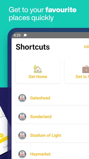 Tyne Metro app shortcuts feature for quick access to saved favorite places and frequent destinations