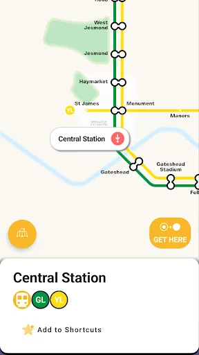 Tyne and Wear Metro Central Station details with add to shortcuts option and get here navigation button