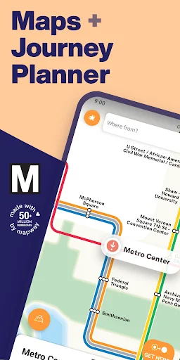 Washington DC Metro Route Map app with Maps and Journey Planner showing colored metro lines and stations on phone display
