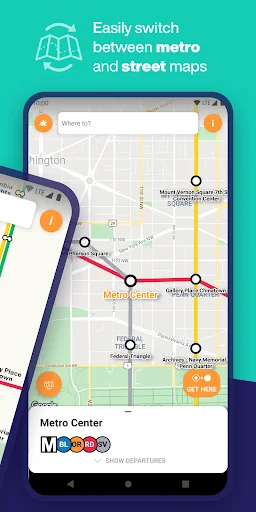DC Metro Route Map switching between metro and street map views with location markers and detailed station information