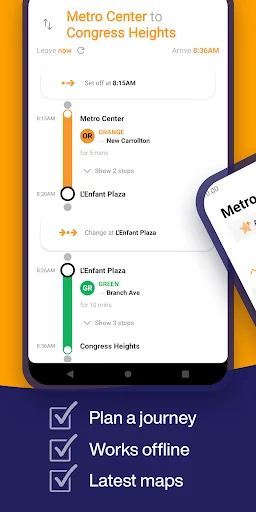 Metro route planner showing journey from Metro Center to Congress Heights with times, transfer stages, and transit line details