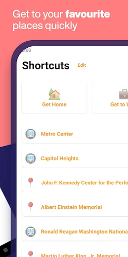 DC Metro app Shortcuts feature with quick access buttons to favorite locations like Metro Center and popular landmarks