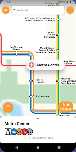 DC Metro route map interface with search field, colored transit lines, stations, and navigation controls for trip planning