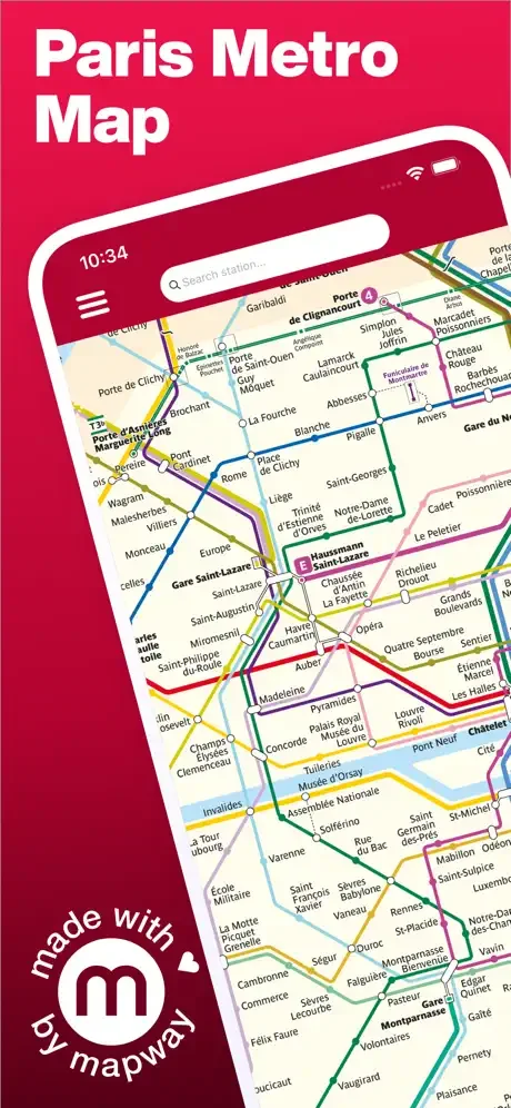 Paris Metro Map app main screen showing interactive colored metro line map with station names and search bar for navigation