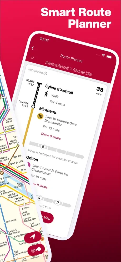 Smart Route Planner interface displaying detailed journey from Église d'Auteuil to Gare de l'Est with walking and metro directions, 38 minutes total travel time