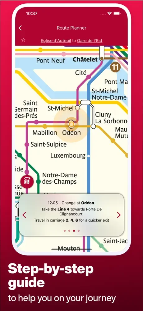 Step-by-step guide overlay on metro map showing turn-by-turn instructions for changing at Odéon station to Line 4 with carriage selection tips