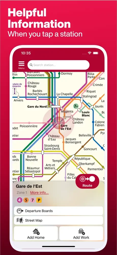 Station information panel for Gare de l'Est featuring departure boards, street map view, and quick action buttons to add home or work locations