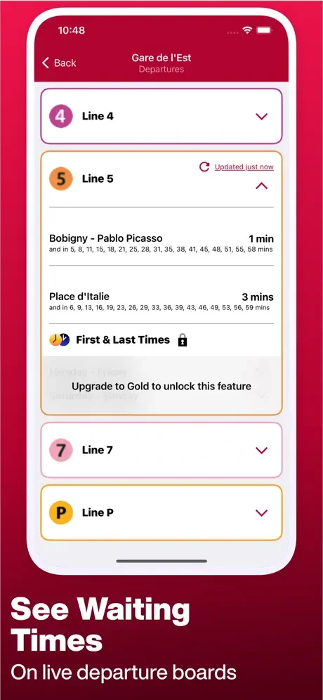 Live departure board for Gare de l'Est showing waiting times and next departures for metro lines 4, 5, 7, and P with real-time updates