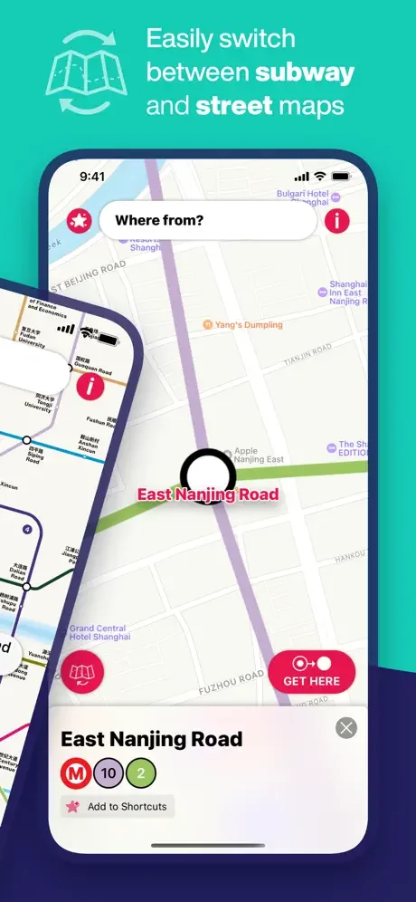Mobile screen demonstrating subway to street map switching feature with East Nanjing Road location overlay