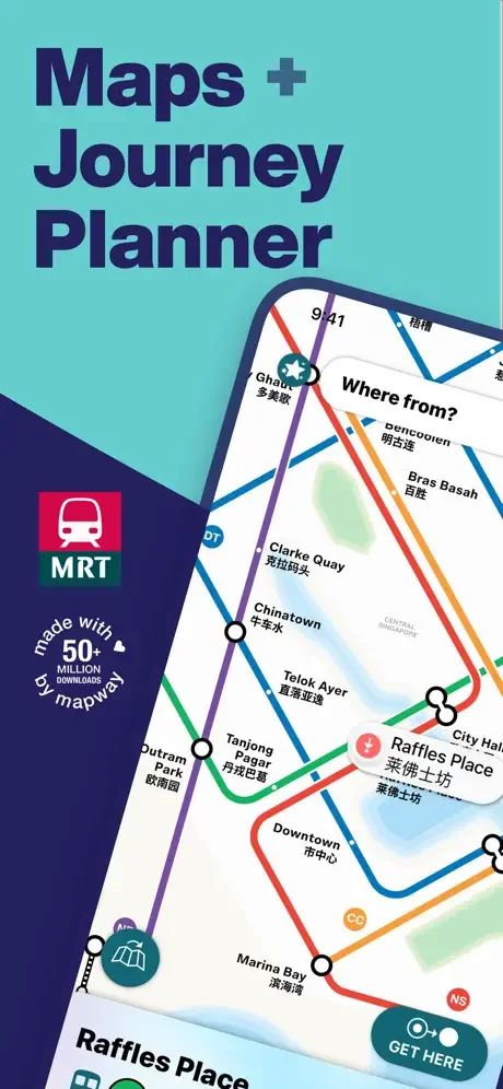 Singapore Metro Maps + Journey Planner home screen with MRT subway network map, colored transit lines, and station search