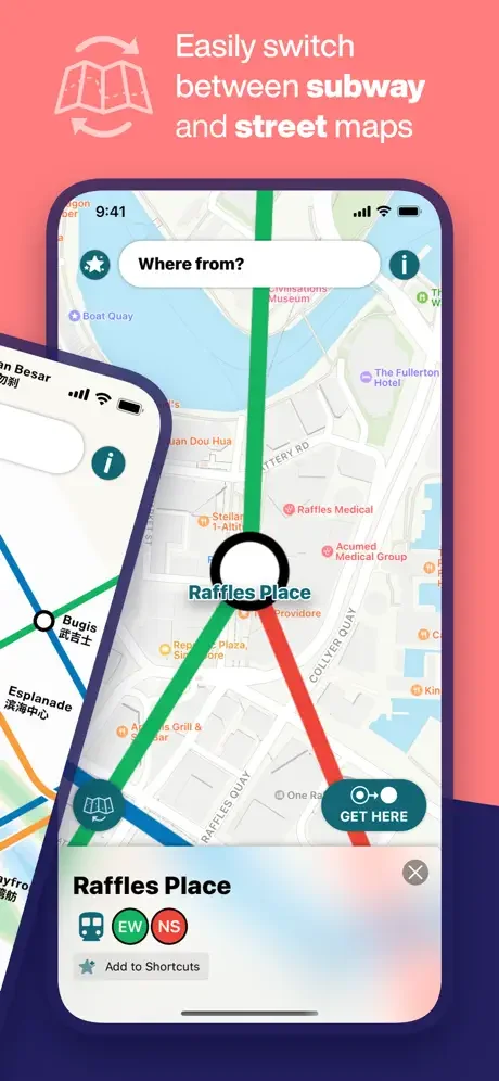 Feature to switch between Singapore MRT subway map and street map views for flexible navigation and location searching