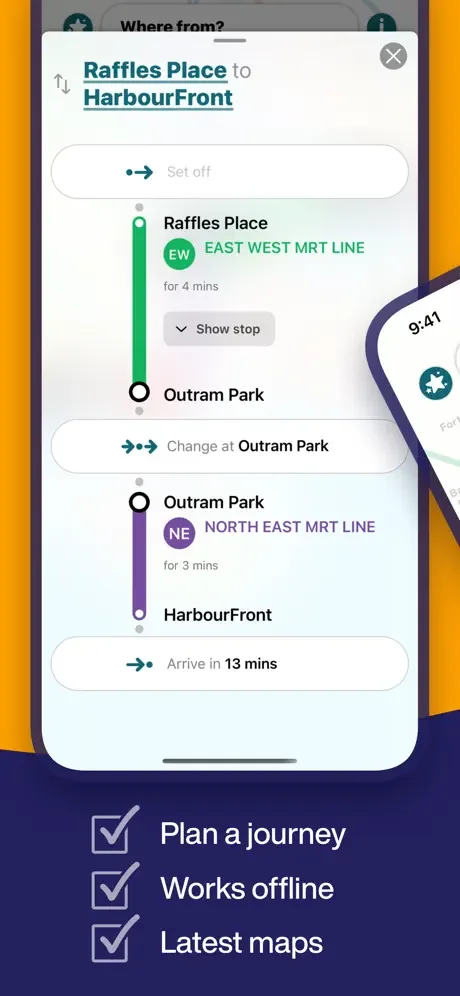 Journey planner results showing MRT route from Raffles Place to HarbourFront with line transfers and 13-minute travel time