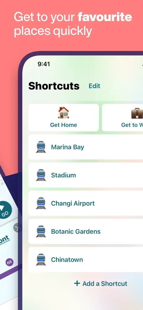 Shortcuts feature providing quick access to favorite Singapore destinations like Marina Bay, Stadium, and Changi Airport