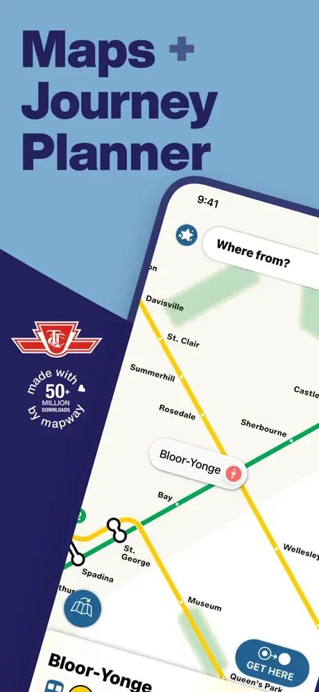 Toronto Subway Map app with journey planner showing transit routes, subway lines, stations and real-time navigation features