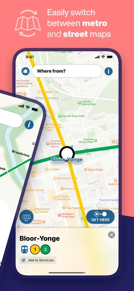 Switch between metro and street maps in Toronto Subway app for Bloor-Yonge station transit route planning