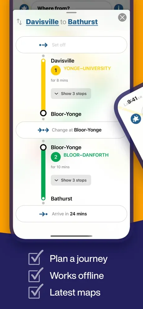 Journey planner showing route options from Davisville to Bathurst with subway lines, travel times, transfers and stops