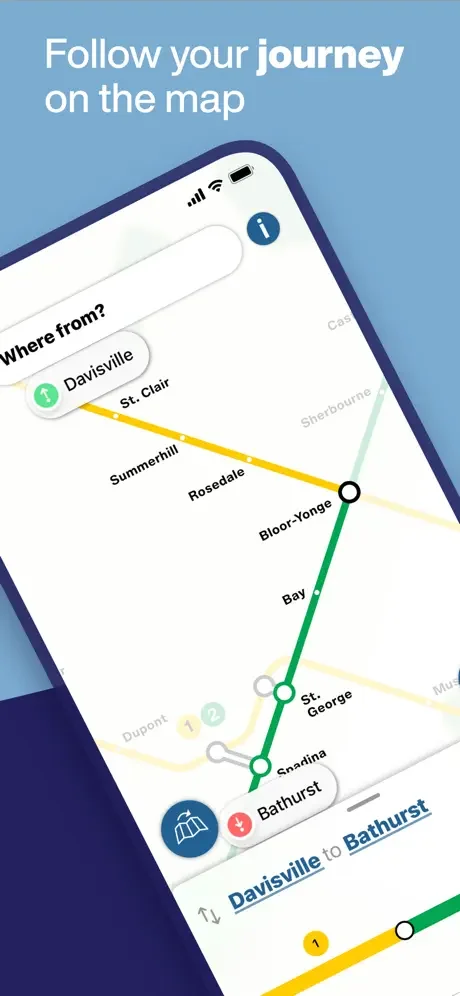 Real-time journey tracking on Toronto Subway map displaying colored transit lines and stations from Davisville to Bathurst