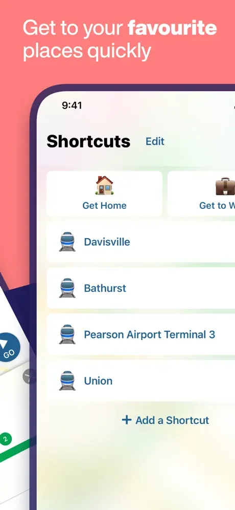 Shortcuts feature for quick access to favorite Toronto transit locations including Davisville, Bathurst, Pearson Airport and Union