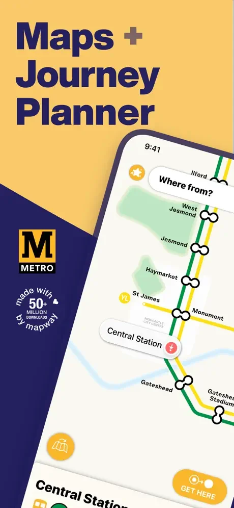 Newcastle Metro Map app intro screen showing Maps and Journey Planner features with Tyne and Wear Metro lines and stations displayed on mobile device