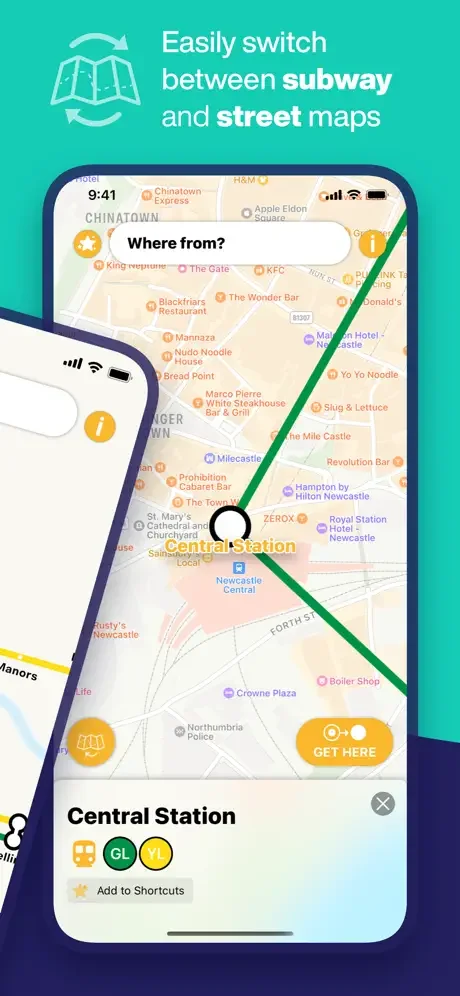 Feature demonstrating ability to switch between subway metro map and street map views in Newcastle Metro navigation app