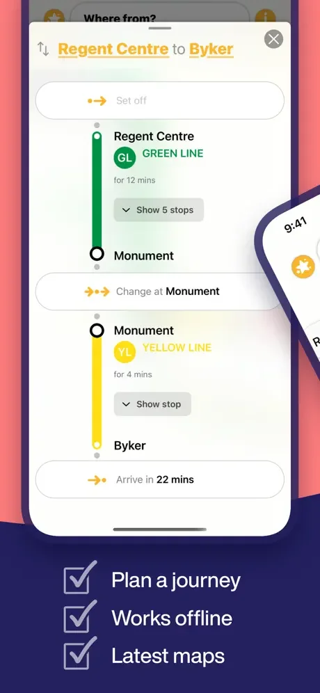 Journey planner results screen showing detailed route from Regent Centre to Byker with Green and Yellow line transfers and 22-minute arrival time