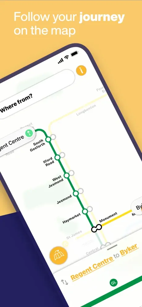 Live journey tracking map display showing Newcastle Metro stations from Regent Centre with highlighted route and transfer points during navigation