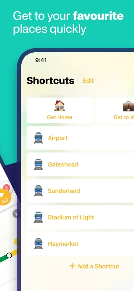 Shortcuts feature screen displaying quick-access buttons for popular Newcastle destinations including Airport, Gateshead, Sunderland, and Haymarket