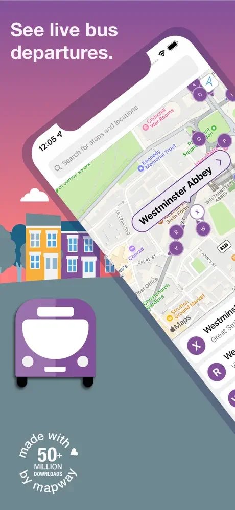 Bus Times UK app showing live departures on map with time display and search for nearby bus stops