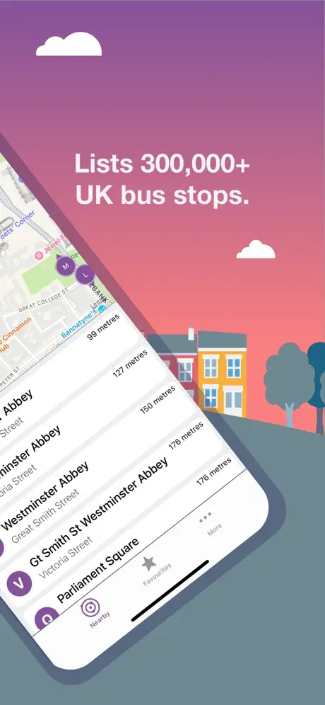 Bus Times UK app listing over 300,000 UK bus stops with distances and location details displayed