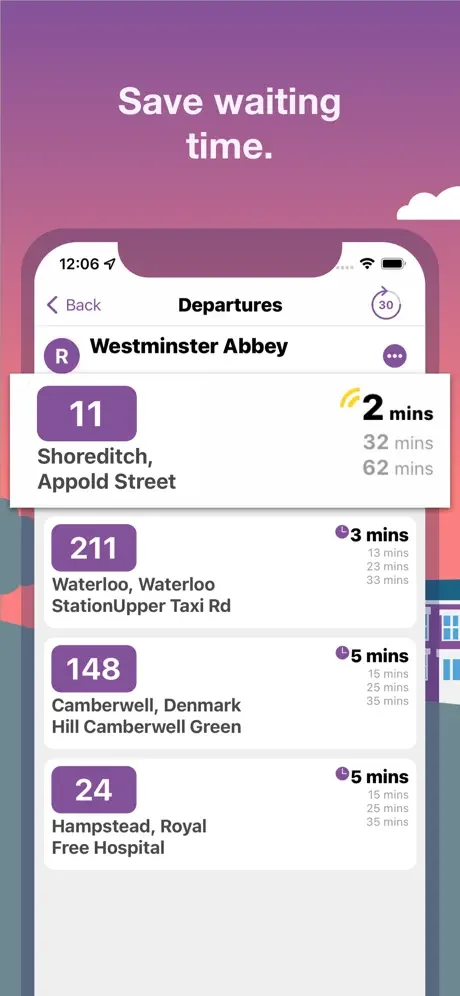 Bus Times UK departures screen showing real-time bus departure times and routes from Westminster Abbey