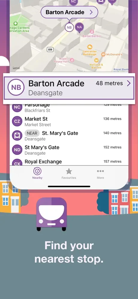 Bus Times UK map view finding nearby bus stops around Barton Arcade with walking distances in metres