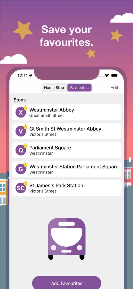 Bus Times UK app showing saved favourite bus stops in Westminster with star-marked saved locations