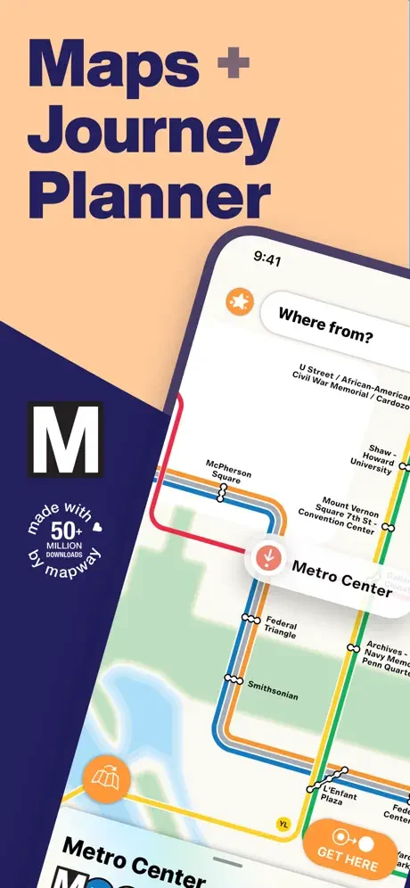 DC Metro route map with Journey Planner feature, search bar, and colorful transit lines for Washington navigation