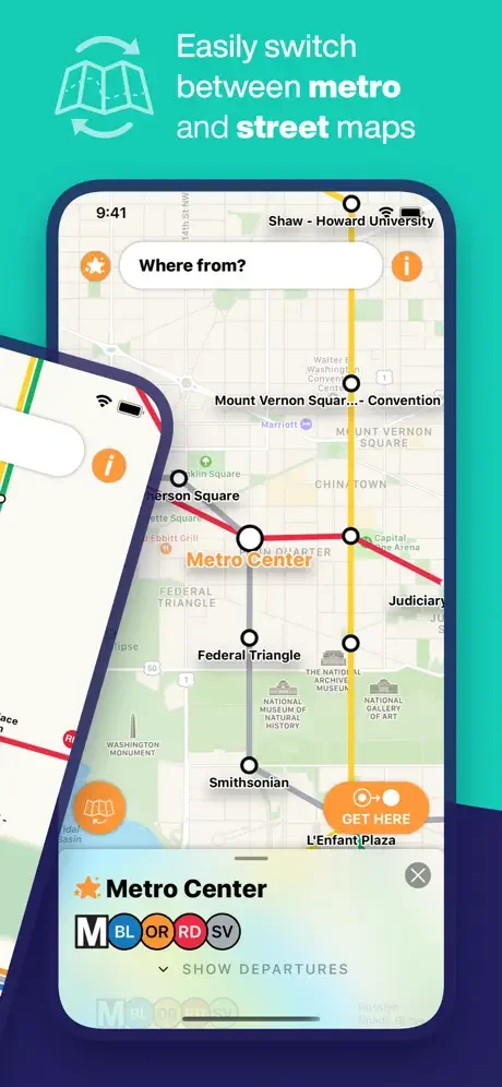 Toggle between DC Metro route map and street map in navigation app for flexible Washington DC travel planning