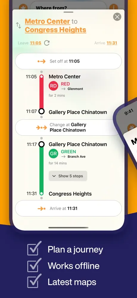 DC Metro journey details showing departure time, arrival time, metro line transfers, and all stops from Metro Center