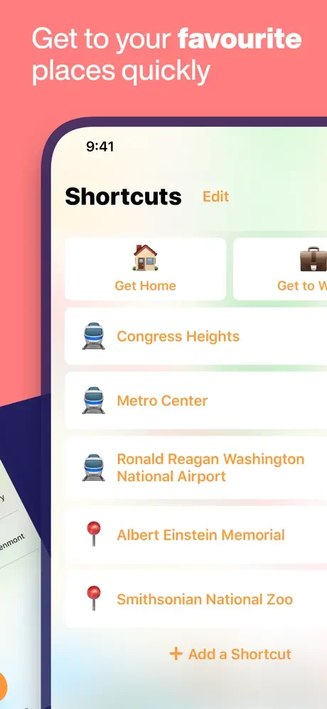 DC Metro shortcuts for saved favorite locations including Congress Heights, Metro Center, and popular DC attractions
